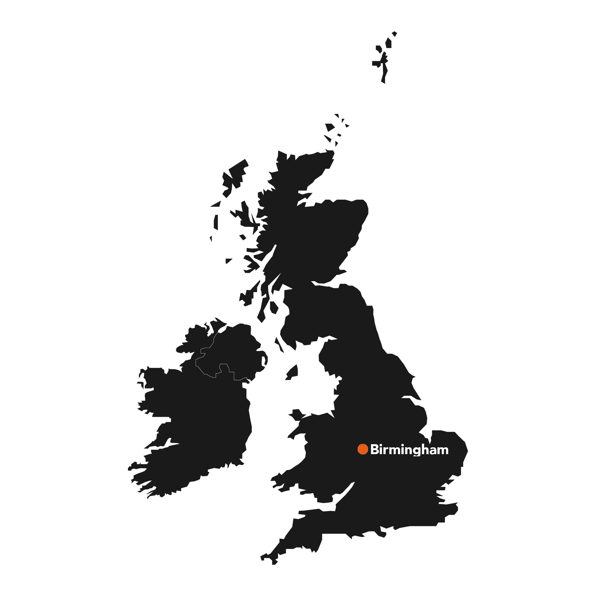 United Kingdom map showing our location in Birmingham